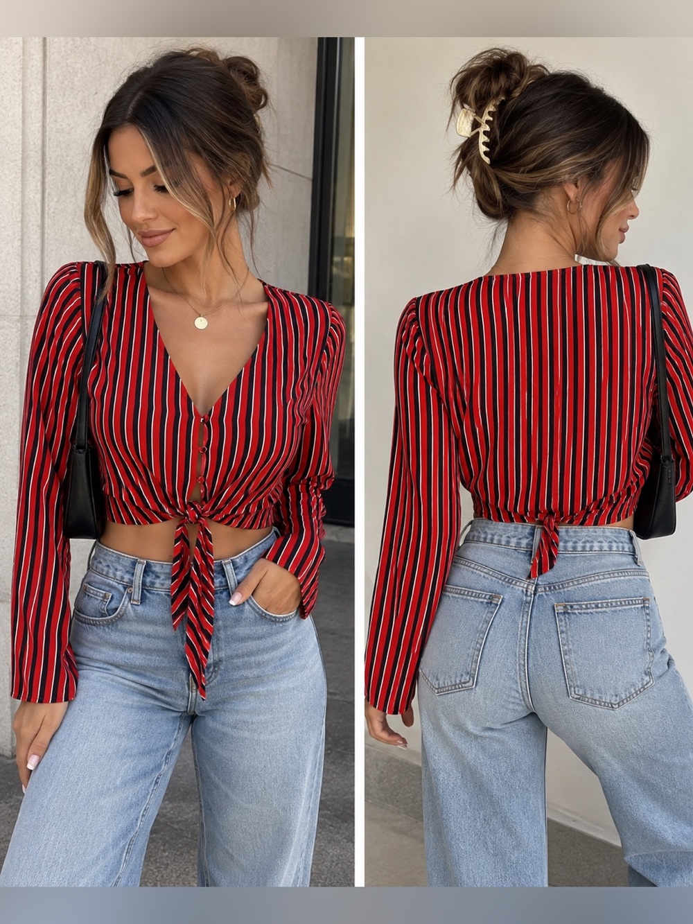 One Clothing Striped Tie Front Blouse Red Black Size S